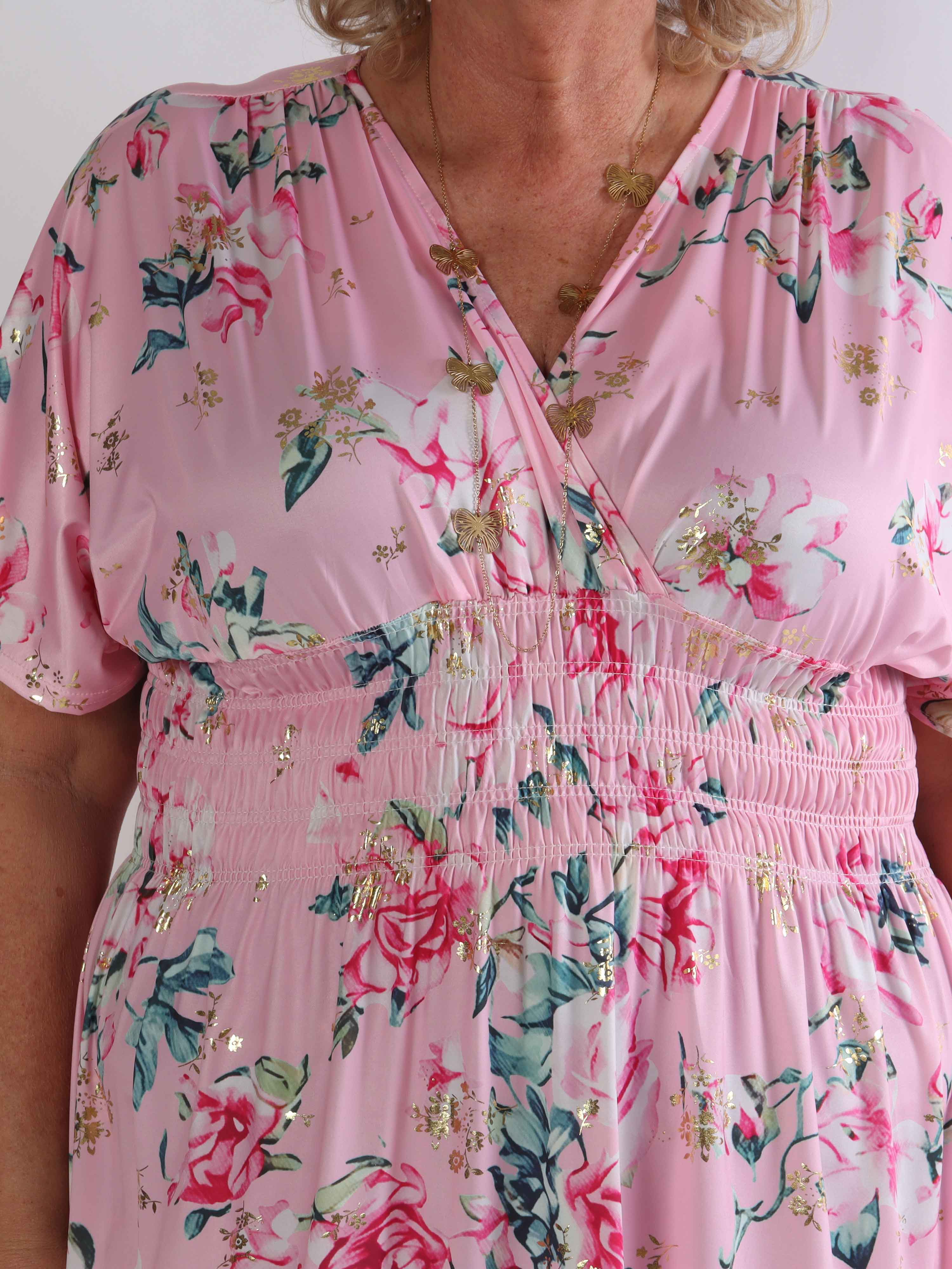 Pams Rosette Short - Plus size kjole med fine blomster og guld detaljer